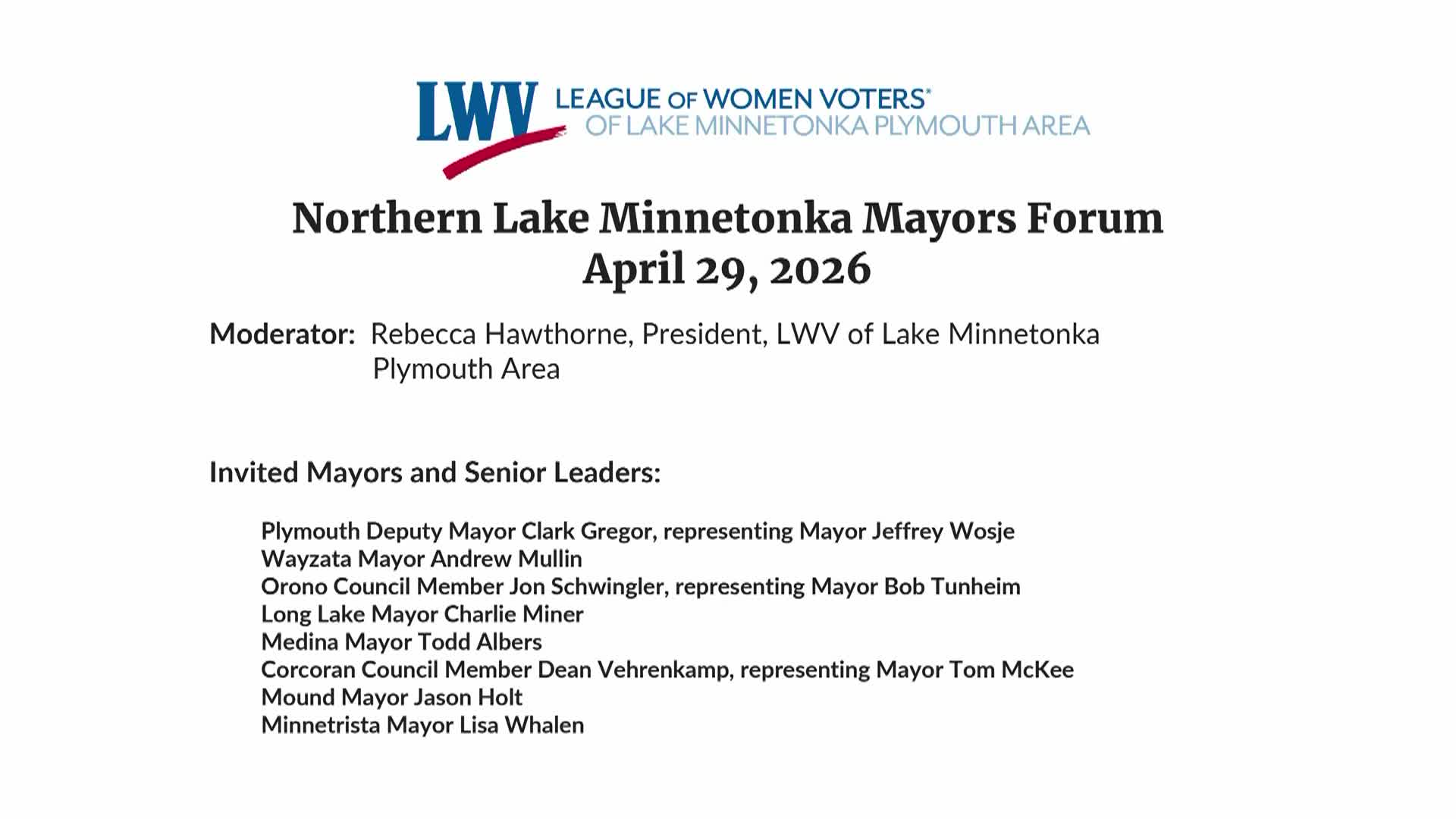 Thumbnail image for LWV North Lake Minnetonka Plymouth Area Mayors Forum - 4/29/26